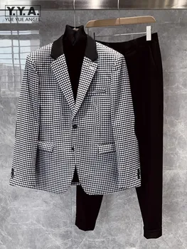 Мужской клетчатый блейзер в британском стиле, однобортный приталенный Деловой Мужской рабочий комплект из двух предметов, винтажный свадебный деловой костюм
