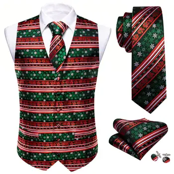 Дизайнерский жилет для Рождественского фестиваля для мужчин, шелковый Красный Зеленый Белый жилет в полоску со снежинками, галстук-бабочка, Комплект Happy Party Barry Wang