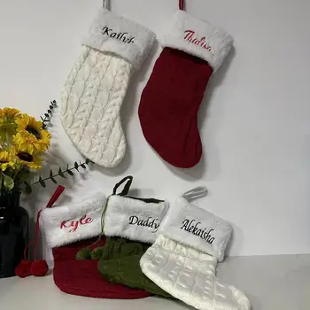 Персонализированные именные Рождественские вязаные носки Подарочный пакет с вышитыми на заказ именными Рождественскими чулками Декоративная подвеска в виде Рождественской елки