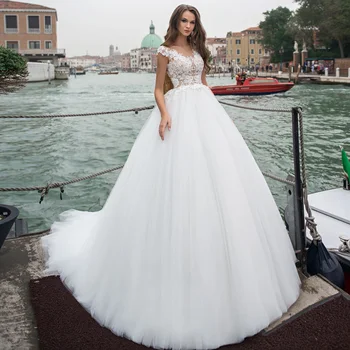 Бальное платье с короткими рукавами, свадебное платье 2023, свадебное платье с кружевной аппликацией, иллюзия пуговицы сзади, Белая официальная одежда невесты