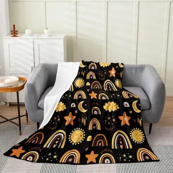Милое радужное фланелевое флисовое одеяло, всесезонное Мультяшное одеяло для кровати с изображением Солнца и Луны, Желтое, черное, ботаническое, пушистое