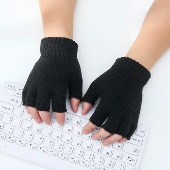 1 пара черных перчаток без пальцев на полпальца для женщин и мужчин, шерстяные вязаные хлопчатобумажные перчатки на запястье, зимние теплые тренировочные перчатки