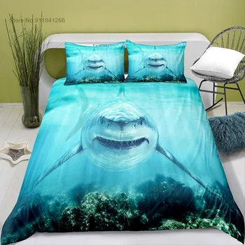 Комплект постельного белья Blue Shark с морским 3D принтом, наборы пододеяльников для новорожденных, подарки на день рождения для кровати для девочек, стеганое одеяло из полиэстера