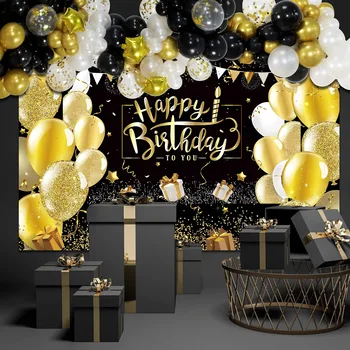 74ШТ Черный Золотой Комплект фона из Полиэстера с Днем Рождения Украшение сцены Вечеринки по случаю Дня Рождения Набор Воздушных шаров