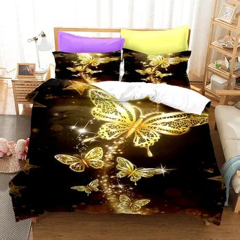 Комплект постельного белья Golden Butterfly Colorful Butterfly Luxury Fashion Ins Пододеяльник из полиэстера с 3D-печатью, 2/3 шт. с наволочкой