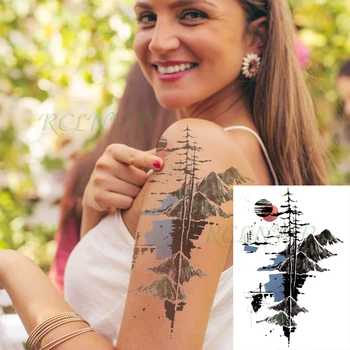 Водонепроницаемая временная татуировка наклейка Луна Дерево Лес гора поддельная татуировка Флэш Тату на задней ножке большого размера для женщин мужчин