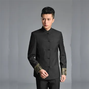 Молодежный костюм Тан с вышивкой Hanfu в китайском стиле, мужские костюмы Zhongshan, воротник-стойка, пряжка, официальное платье жениха, шаферское платье