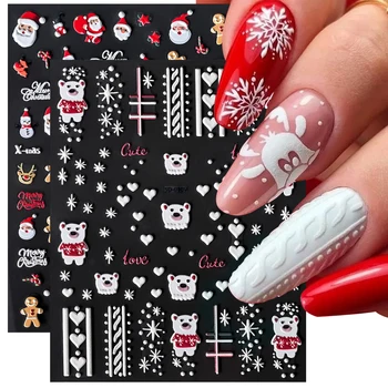 5D Рождественские наклейки для ногтей с тисненым Медведем, Снежинки, Елка Санта-Клауса, Пингвины, Слайдеры со Снеговиком, Перчатки с Мультяшным Медведем, Наклейки на свитер