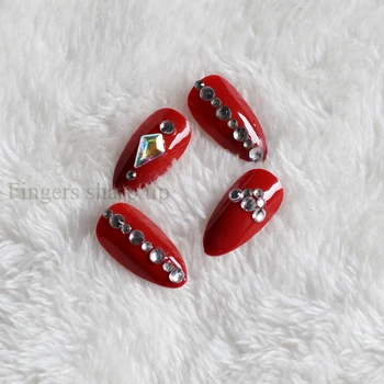 24шт Новейший полный бриллиант с кристаллами на высоком каблуке, искусственный ноготь карамельного цвета, красный M0014