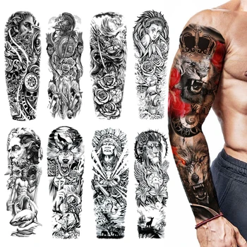 Временные татуировки на всю руку, рукав для мужчин и женщин, реалистичные поддельные татуировки, наклейка с татуировкой в виде воина, льва, тигра, цветка, Черный тотем