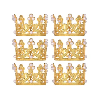 6шт Золотая Мини Корона для торта Маленькие Хрустальные Жемчужные Топперы для кексов Тиара Маленькие Кексы Корона для свадьбы Дня рождения