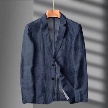 Темно-синий льняной блейзер Для мужчин, летний повседневный костюм, одинарный пиджак для мужчин, Черный блейзер для мужчин, Новинка 2023 года, повседневный весенне-осенний бизнес