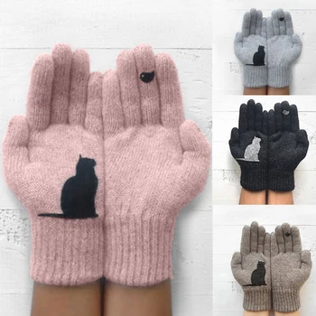 Зимние перчатки для мужчин, женщин, подростков, теплые вязаные перчатки с милыми кошками и птицами, Ветрозащитные зимние теплые варежки, перчатки