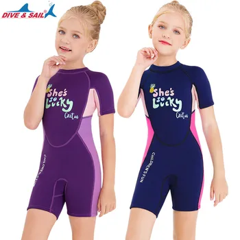 Теплый купальник 2,5 мм для девочек, цельный неопреновый костюм для подводного плавания с коротким рукавом, детский гидрокостюм для плавания, серфинга, снорклинга, фридайва