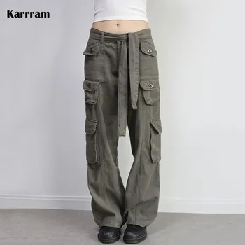 Karrram Винтажные брюки-карго в стиле гранж, Корейские модные мешковатые брюки, эстетика 90-х, брюки с низкой талией, свободные брюки Harajuku Fairycore