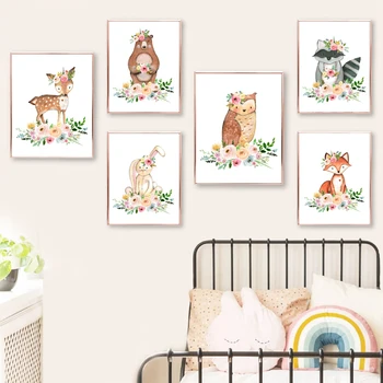 Акварельные лесные животные с цветами, художественные принты, картина на холсте, украшение стен в детской комнате для девочек