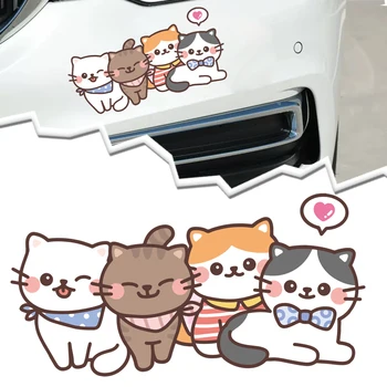 Светоотражающие наклейки для автомобиля с четырьмя милыми котятами, украшение крышки топливного бака, зеркала заднего вида, виниловая водонепроницаемая наклейка для автомобильных стекол
