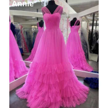 Многослойные платья для выпускного вечера Annie A-образной формы, ярко-розовое вечернее платье из тюля, вечерняя одежда для свадьбы принцессы, вечернее платье для официальных мероприятий