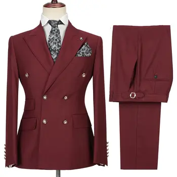 Комплекты деловых мужских костюмов Бордовый Двубортный пиджак с брюками, брючные костюмы для официальных вечеринок из 2 предметов, пальто + брюки по индивидуальному заказу