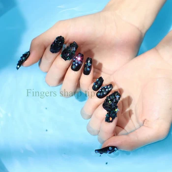 Новейшие накладные ногти, 24 дизайна балерины, усыпанные хрустальными бриллиантами, сексуальный черный W08