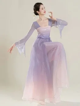 Водный Классический Китайский Народный Танцевальный костюм В Женском стиле Сценический Наряд, Демонстрирующий Элегантные и Длинные Сетчатые платья Фиолетового Цвета