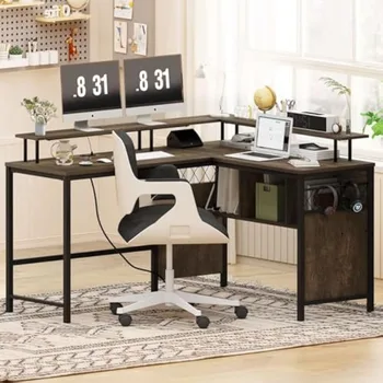 Рабочая офисная мебель Г-образный компьютерный стол с местом для хранения Вещей Столы для домашнего офиса с розетками и светодиодной подсветкой Рабочий стол для учебы
