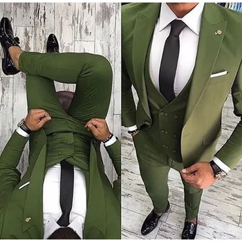 Новейший дизайн пальто и брюк Зеленые Мужские костюмы Slim Fit 3шт Куртка Брюки Жилет Костюмы Жениха На заказ Блейзер для выпускного вечера Брюки