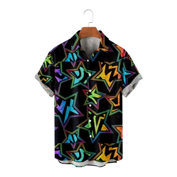Повседневная Гавайская Рубашка Для Мужчин В Полоску С Рисунком Звезды и 3D Принтом Harajuku Street Hombre Модная Пляжная Одежда Большого Размера 1