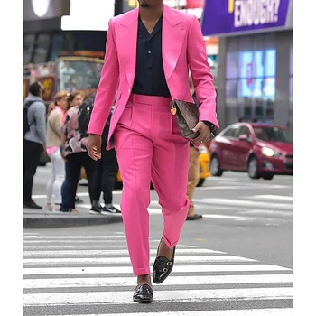 Розовые однотонные мужские костюмы, комплект из 2 предметов, модный однобортный блейзер с отворотом, тонкий Элегантный повседневный смокинг для свадебной вечеринки, смокинг жениха