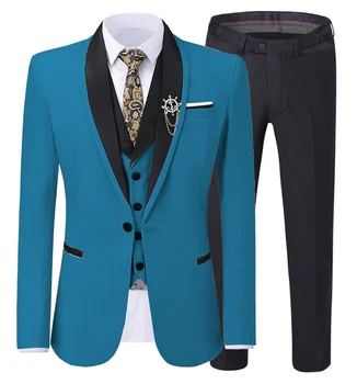 Свадебное платье для жениха, синий классический мужской строгий деловой костюм, комплект из трех предметов (блейзер + жилет + брюки)